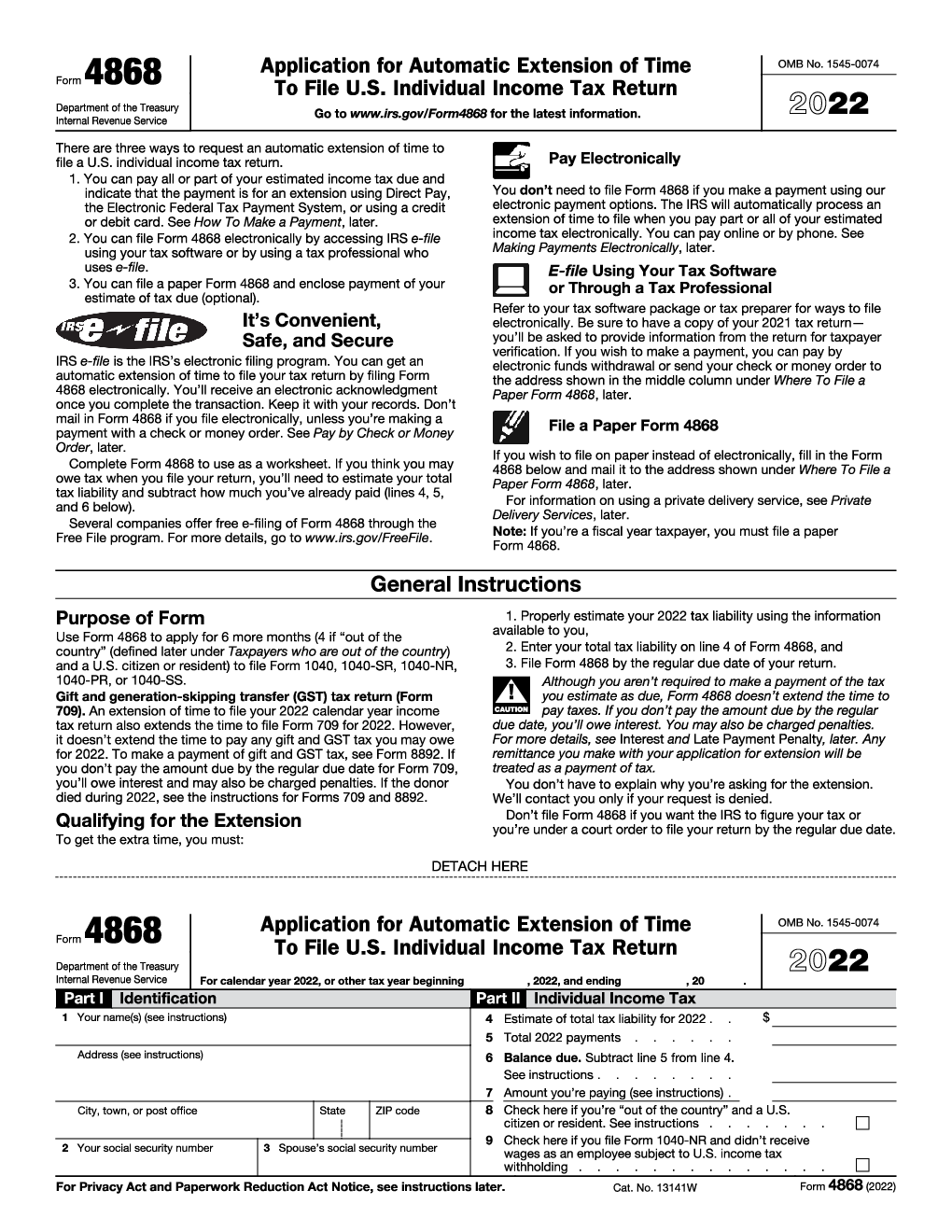 IRS Form 4868. Application for Automatic Extension of Time To File U.S
